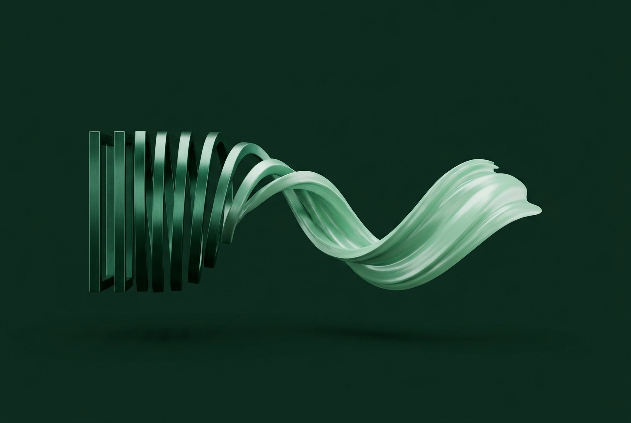 Rigid robotic text on the left morphing into a flowing, natural handwritten stroke on the right